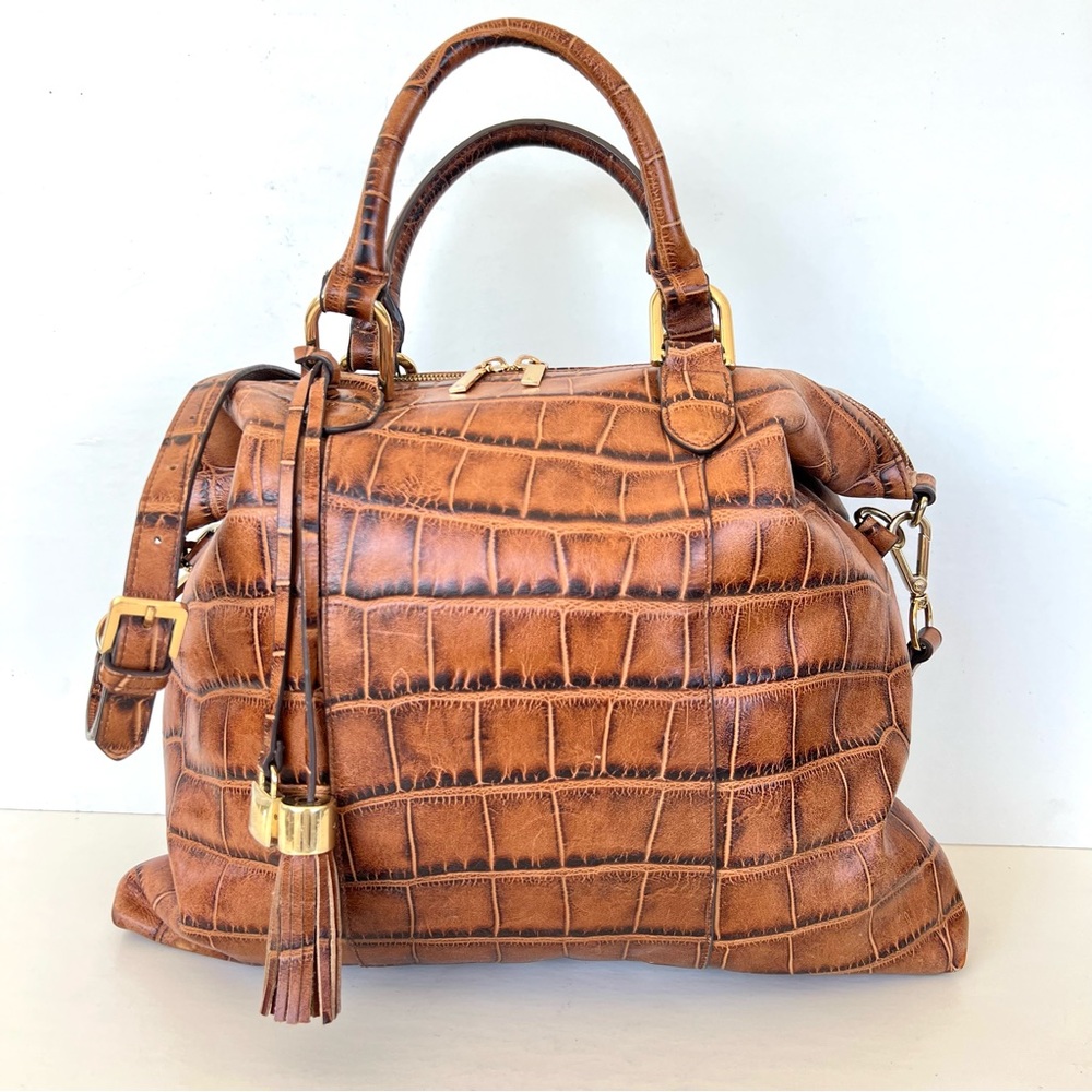 G.I.L.I Tan Brown Croc Embossed Leather Top Handle Handbag Shoulder Bag Satchel